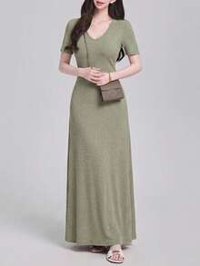 Feyla Vestido largo de punto con cuello en V y cintura definida para estilizar el Body, de verano - Verde militar - Ver 6