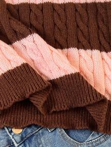 SHEIN Sweater Pullover Longgar Lengan Lentera Leher V Rajut Kabel Blok Warna Bergaris untuk Anak Perempuan Remaja, Cocok untuk Musim Gugur/Musim Dingin dan Acara Luar Ruangan - MultiWarna - View 3