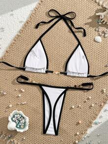 Swim Vcay Swimsuits For Woman Summer Beach Rib Binding Trim Halter Micro Triangle Bikini - White - View 2