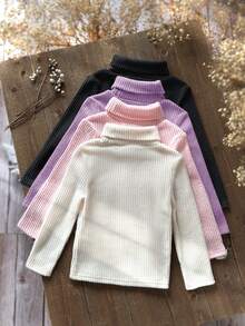 SHEIN Emery Rose Kids 4件組少女高領羅紋針織休閒T恤，高彈性翻領內搭底層T恤，女童秋季衣物，適合日常休閒穿著與外出 - 彩色 - 查看 2