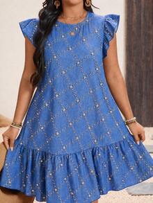 SHEIN Holidaya Plus Size Women's Rhinestone Design Round Neck Short Flutter Sleeve Ruffle Hem Casual Dress - Blue - View 3