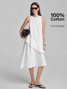 Ontre 女款白色修身圓領無袖荷葉拼接設計現代度假海灘花園派對日派對日常派對生日早午餐夏季 - Pearl White - 查看 1