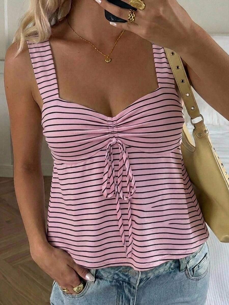CovetEZ 女款休閒可愛抽繩背心上衣,外出穿搭、度假夏季上衣,條紋 Y2K 沙灘風粉色格紋上衣 - 彩色 - 查看 1