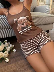 SHEIN 可愛熊圖案細肩帶背心 + 條紋短褲女款睡衣套裝 - 彩色 - 查看 4
