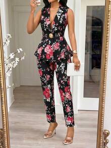 SHEIN Lady Plus Size Women's Floral Print Waist Metal Single Button Sleeveless Jacket And Pants Elegant Suit Set Formal Party Black And Gold Summer - Black - View 4