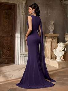 Aureia Elegant Graceful High Elastic Mesh Round Neck One Shoulder Flutter Sleeves Waist Pleats Slimming 3D Rhinestone Women's Bridesmaid Dress Purple Spring - Purple - View 2