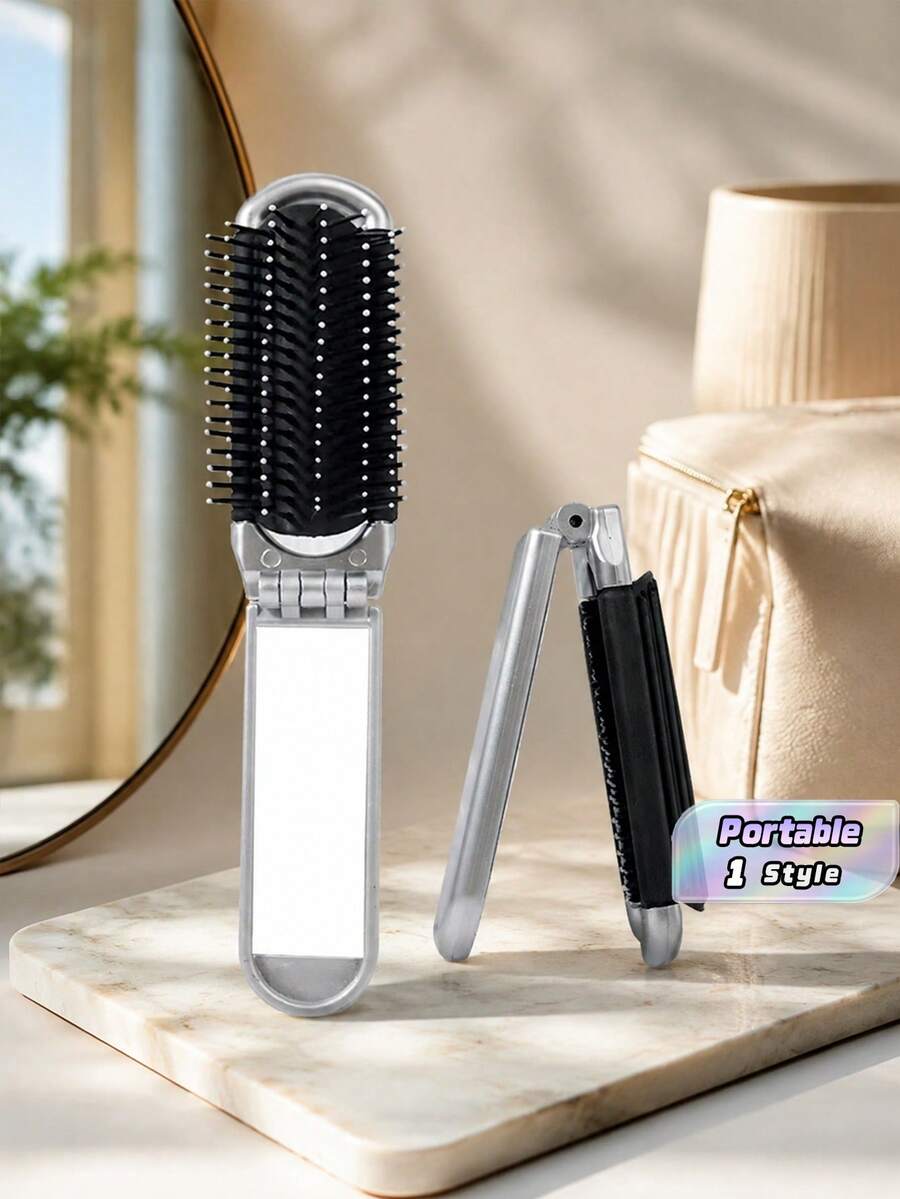 1pc Bright Surface Plating Silver Small Comb Paste Exquisite Rhinestone Shiny Texture Foldable Design Comes With Small Mirror Pocket Comb Compact Portable Bag Comb Unisex - Multicolor - View 1