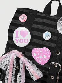 ROMWE Anime Punk Academy Style Striped Large-Capacity Backpack, Badge Decoration, Stylish Casual Backpack Suitable For School, Commute, Travel - badge stripe - View 5