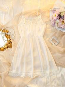 DelicateAllure Mature Sexy Lace Chiffon Slip Dress For Women Sexy Nightgown Sexy Sleep Dress Spaghetti Strap Lace Nightgown White Babydoll Lingerie - White - View 2