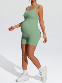 SHEIN 孕婦純色休閒背心式運動連身褲 - 綠色 - 查看 5
