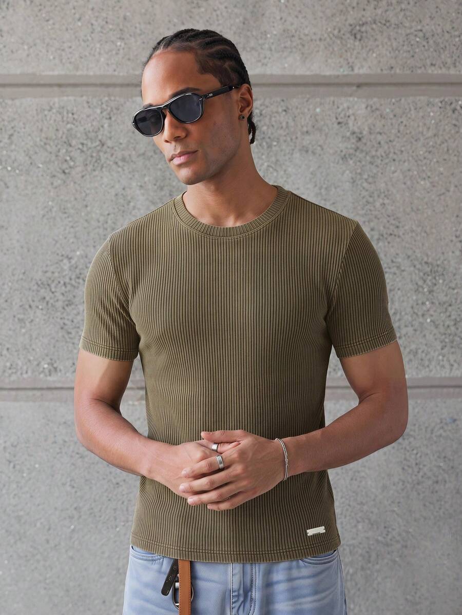 Manfinity BRENVOR Men's Knitted Fashion Casual Loose Short Sleeve Shirt Style - Coffee Brown - View 1
