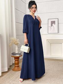 Al Najma 女款優雅端莊阿拉伯風蕾絲長袖洋裝，適合晚宴派對與約會 - 藏蓝色 - 查看 4