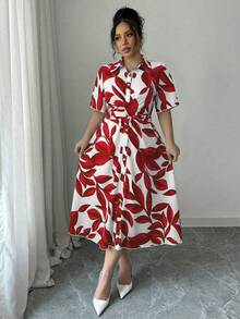 Elenzga Blue Shirt Collar Short Sleeve Cinched Waist Blue & White Artistic Leaf Print Casual Plus Size Dress - Red - View 5