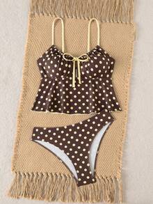 Swim Vcay Summer Women's Sweet Style Old Money European Swimsuit Ruched Chest Bow Tie Adjustable Shoulder Straps Beach Vacation Pool Brown And Yellow - Multicolor - View 3
