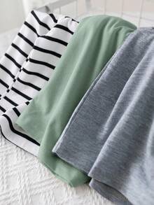 SHEIN Baby Boy Baby Girl Spring/Autumn Black & White Striped Solid Color Round Neck Long Sleeve Pullover Top 3 Pieces Set - Multicolor - View 3