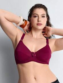 Slumbrini One Piece Plus Size Solid Color Stretchy Ultra-Thin Underwire Bra, Simple For Daily Wear - Burgundy - View 5