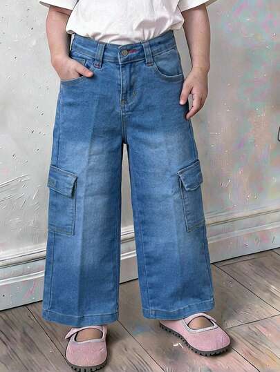 Pantalon de niña de mezclilla stretch corte holgado tipo cargo | jean infantil ancho con bolsillos laterales y algodon elastico premium diseño comodo tallas 2 4 6 8 10 12 14 16 ropa suave