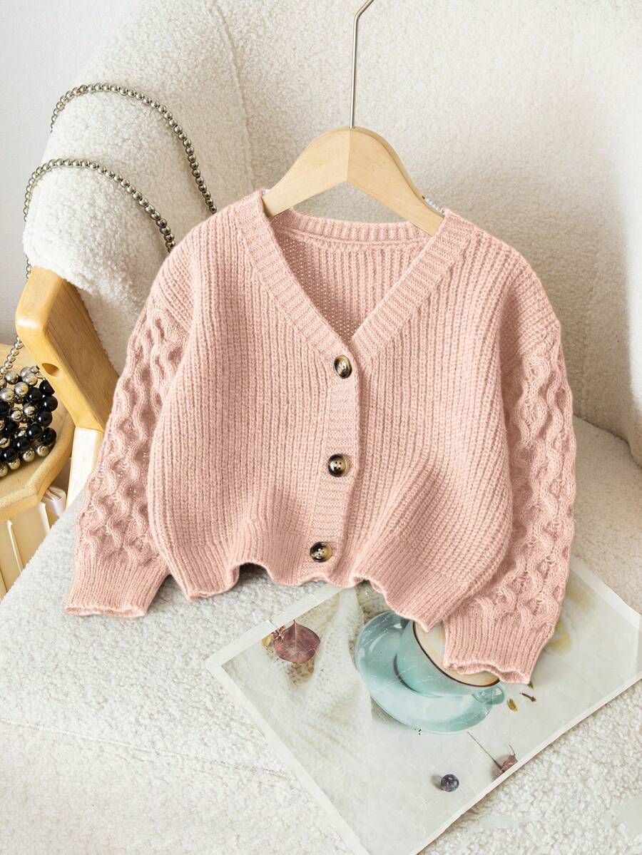Genkimix Kids New Fashion Versatile Young Girl Commute Minimalist Small V-Neck Brown Cardigan - Pink - View 1