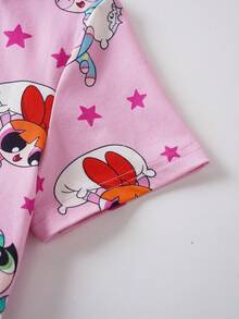 THE POWERPUFF GIRLS X SHEIN 女童可愛卡通印花圓領上衣與短褲家居服 - 粉色 - 查看 5