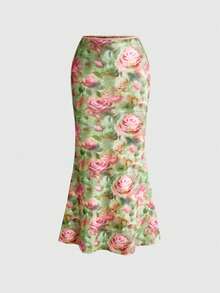 Sweetness Set 2 Potong Atasan dan Rok Motif Bunga Leher V Berkerah V untuk Gadis Manis di Awal Musim Gugur - MultiWarna - View 5