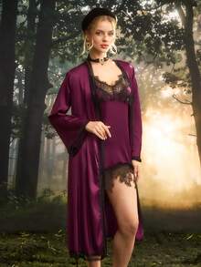 PinupPomp 2pcs Faux Silk Lace Patchwork Criss-Cross Backless Tie Robe & Slip Dress Set For Women - Maroon - View 5