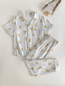 SHEIN 男孩可愛熊圖案灰白條紋短袖上衣與長褲優雅舒適兩件式居家服套裝 - 淺灰色 - 查看 1