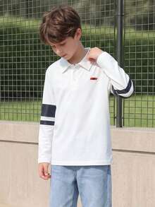 SHEIN Casuvi Kids 男童休闲简约刺绣领长袖polo衫，袖子印花 - 秋季新款上衣，适合春秋季穿着，是上学、聚会、郊游、运动和其他场合的理想之选。 - 白色 - 查看 1