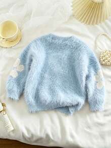 SHEIN Vintaside Kids 女童圓領套頭長袖毛衣，可愛粉色，人造貂毛材質，附蝴蝶結 - 淺藍色 - 查看 2