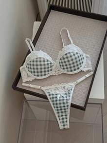 SHEIN MOD 2pcs/Set Fashionable Plaid & Lace Patchwork Lingerie Set For Girls - Multicolor - View 4