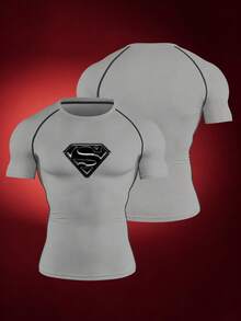 SUPERMAN X SHEIN RISE LYT Men's Geometric Print Raglan Short Sleeve Sports T-Shirt - Grey - View 1
