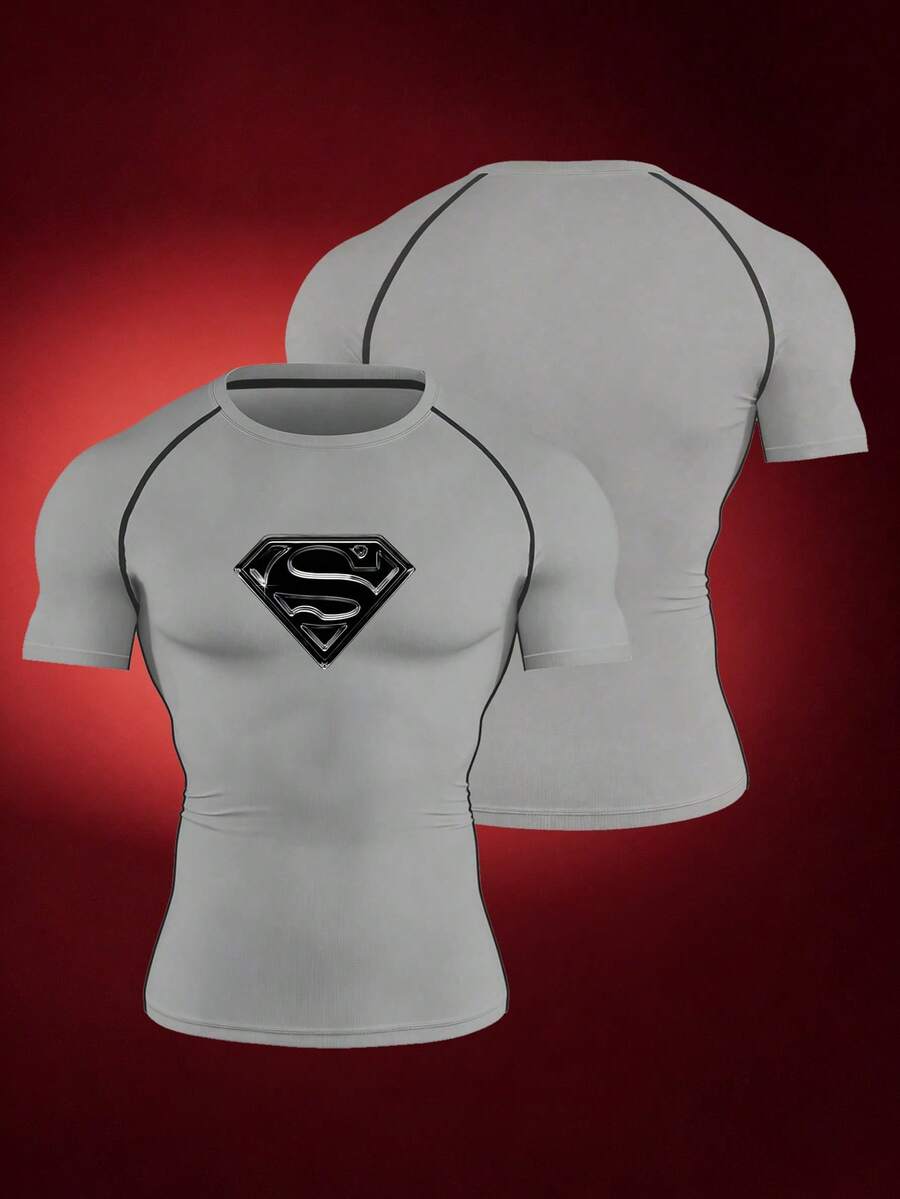 SUPERMAN X SHEIN RISE LYT Men's Geometric Print Raglan Short Sleeve Sports T-Shirt - Grey - View 1
