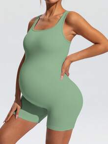 SHEIN 孕婦純色休閒背心式運動連身褲 - 綠色 - 查看 10