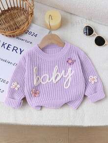 SHEIN 女嬰紫色花卉圓領針織衫「Baby」刺繡字母 3D 花朵裝飾 可愛仙氣款 秋季家庭套裝 婚禮賓客穿搭 - 紫色 - 查看 2