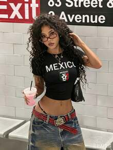 StreetHx Camiseta corta de verano para mujer con bandera nacional de México, Copa del Mundo, estilo Y2K punk, manga corta, verde, baby camiseta que deja ver el abdomen - Negro - Ver 4