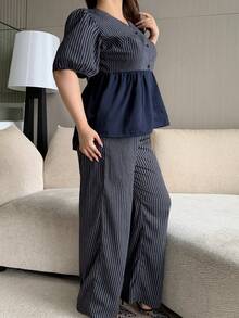 Dazy Plus Fashionable Striped V-Neck Loose Lantern Sleeve Pullover Top And Loose Long Casual Pants Plus Size Women Spring Autumn 2-Piece Set - Navy Blue - View 6