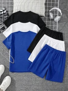 SHEIN 6件/組 青少年男孩舒適休閒金屬項鍊裝飾圓領短袖T恤與短褲2件套裝，高CP值多件套裝適合戶外玩耍、街拍、派對與休閒 - 寶藍色 - 查看 2