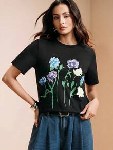 SHEIN Floral Print Short Sleeve Fashion Loose Fit Slimming Regular Shoulder Wrinkle-Resistant Round Neck Minimalist Romantic Casual Cotton-Feel T-Shirt - Black - View 6