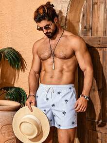 Manfinity KASUA Men's Vacation Striped Palm Tree Print Drawstring Waist Beach Shorts - Blue and White - View 6