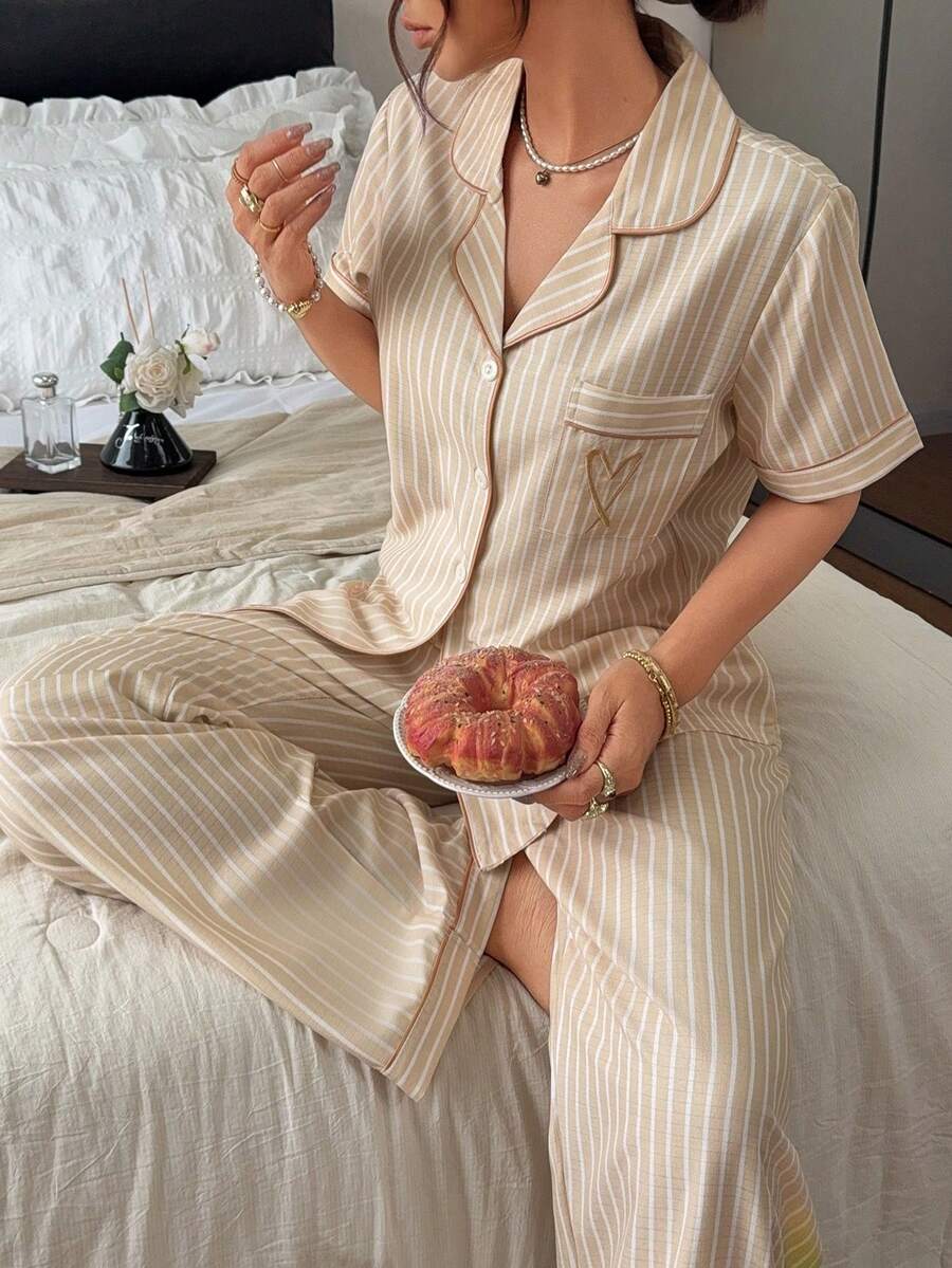 Napfluff Classic Striped Collar Short Sleeve Long Pants Pajama Set - Yellow - View 1