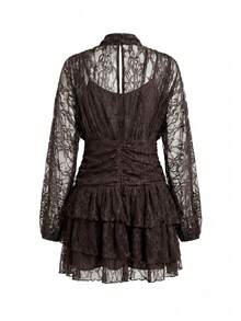 SHEIN Clasi 女款立領長袖荷葉邊蕾絲時尚迷你洋裝 - 棕色 - 查看 2