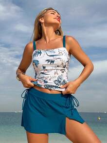 Swim Lushoire Women's Spring/Summer Beach Vacation Mature Floral Print Solid Color Patchwork Conservative Dress Swimsuit 2-Piece Set - Teal Blue - View 5