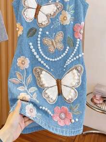 GlowEve 春夏休閒度假法式風刺繡串珠3D印花圓領修身無袖短洋裝優雅時尚白色洋裝 - 霧霾藍 - 查看 4