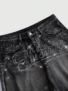 ROMWE MEN Street Life Men's Summer Casual Rhinestone Letter Pattern Denim Shorts - Black - View 3