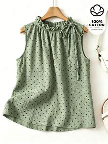 SHEIN Franclia Women's Spring/Summer Vacation Photo Polka Dot Pattern Frill Trim Tie Sleeveless Top - Green - View 1