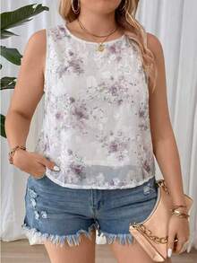 SHEIN LUNE CURVE 女款大尺碼夏季新款仙氣重工亮片刺繡花卉網紗背心，柔和粉紫色花卉雙層無袖度假上衣 - 彩色 - 查看 4