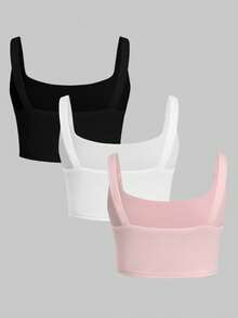 SHEIN 青少年女孩純色短版背心上衣 3件組 - 彩色 - 查看 4