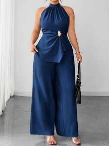 Elenzga Plus Size 2pcs Set: 1pc Spaghetti Strap Sleeveless Open Shoulder Cami With Small Stand Collar, Metal Buckle, Cinched Waist And Asymmetrical Draped Hem + 1pc Elastic Waist Straight Leg Wide Leg Pants, Fashionable Elegant For Street, Date, Commute, Spring/Summer, Party, Plus Size Women - Blue - View 6