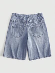 ROMWE MEN Men's Double Waistband Embroidered Pattern Loose Fit Denim Shorts - Light Wash - View 3