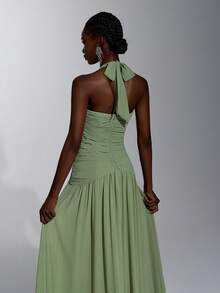 Elitara Elegant Chiffon Halter Neck Heart-Shaped Collar Handmade Fabric Fan-Pleated Bodycon A-Line Dress Guest Formal Wedding Prom Evening Sage Green Winter - Green - View 5
