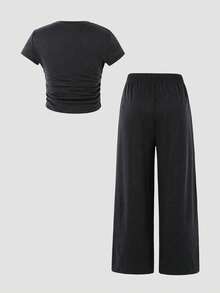 SHEIN Tween Girl Knitted Solid Color Heart Pattern Ruched Casual T-Shirt And Long Pants 2 Pieces Set - Dark Grey - View 2
